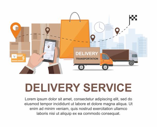 illustrazioni stock, clip art, cartoni animati e icone di tendenza di servizio di consegna. logistica aziendale, tecnologie logistiche intelligenti, concetto di servizio di consegna commerciale.  infografica - van delivery van mini van messenger