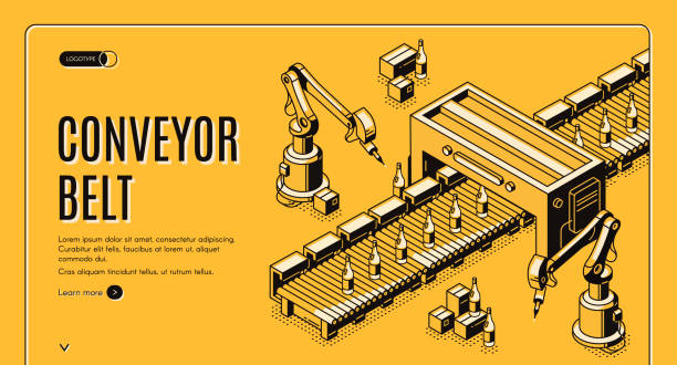 Factory conveyor belt landing page. Robotic arms Factory conveyor belt isometric landing page. Robotic arms packing milk bottles production on transporter line. Automation, smart industrial robot assistants. 3d vector illustration, line art, banner. conveyor belt stock illustrations