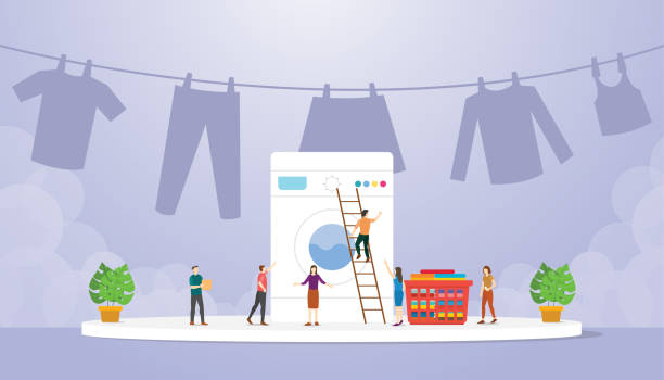 laundry wash machine fashion with people work to clean with modern flat style - vector laundry wash machine fashion with people work to clean with modern flat style - vector illustration tumble dryer stock illustrations