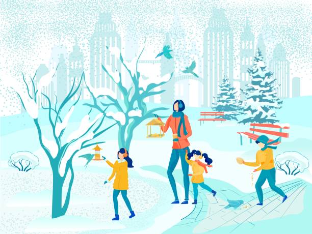 Mom and Kids Feeding Birds in Winter City Park Three Kids and Their Mom, Dressed Warm and Cozy, Brining Seeds to Feeders to Keep Birds Happy and Healthy in Worst Weather. Snowy Park with Bare Trees and Cold Benches. Cold Winter in Big City. pigeon family stock illustrations