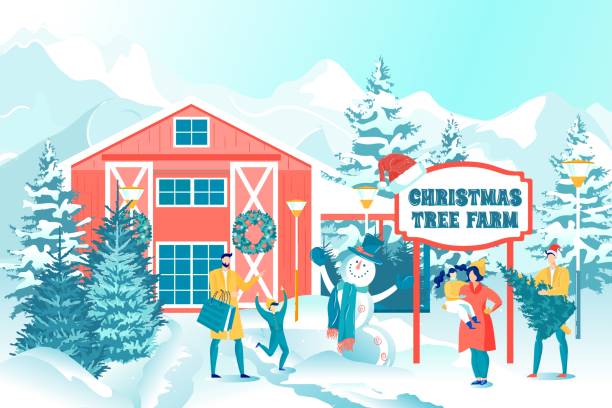 크리스마스 트리 농장 만화를 방문하는 행복한 가족 - christmas gate wreath house stock illustrations