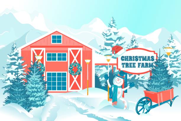 クリスマスツリーファームと漫画雪の風景 - christmas gate wreath house点のイラスト素材／クリップアート素材／マンガ素材／アイコン素材