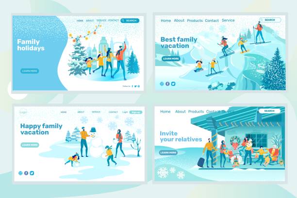 illustrazioni stock, clip art, cartoni animati e icone di tendenza di famiglia vacanza design inverno landing page set - skiing family winter snow