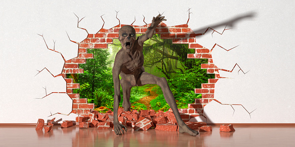 zombie emerging from a fault in the wall, 3d illustration