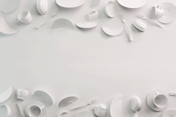 istock White Food background concept for design menu restaurant or cafe. Copy space for your logo. Food flyer. Ceramic Plates and Dishes. White coffee mugs and saucers on a white background. 3d render 1194852884