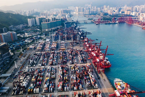 istock Aerial View of container ship terminal 1194863733