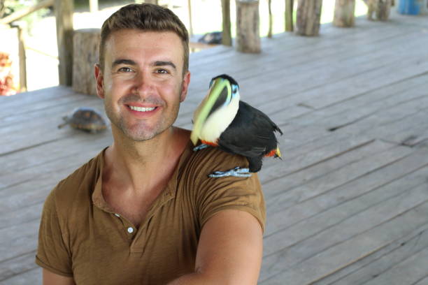 istock Man interacting with a gorgeous toucan bird 1194864399
