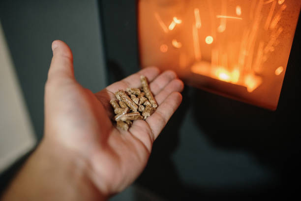 pellet / biomasseheizung - menschliche hand hält biomassepellets - granulare materie stock-fotos und bilder