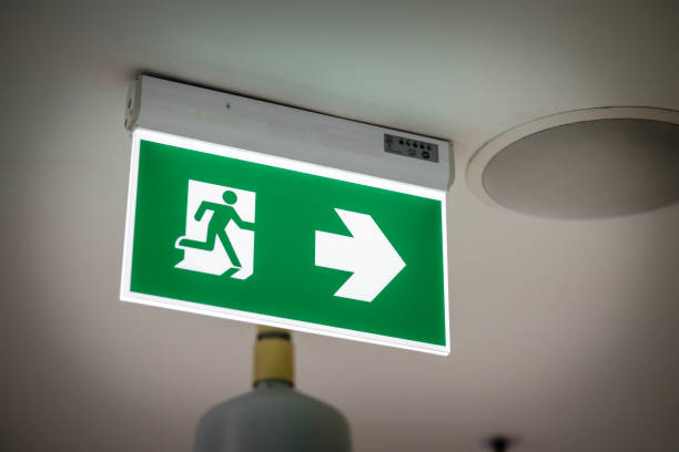 istock A fire escape sign for emergency situation inside the building 1194866927