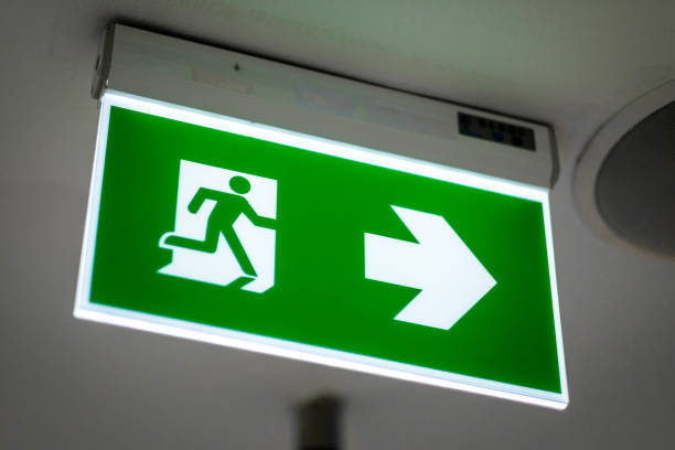 istock A fire escape sign for emergency situation inside the building 1194866938