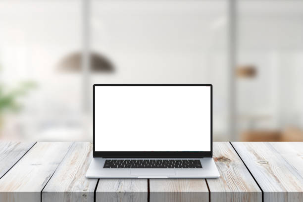 istock Modern laptop on office desk mockup. Isolated screen for app or website promotion 1194867143