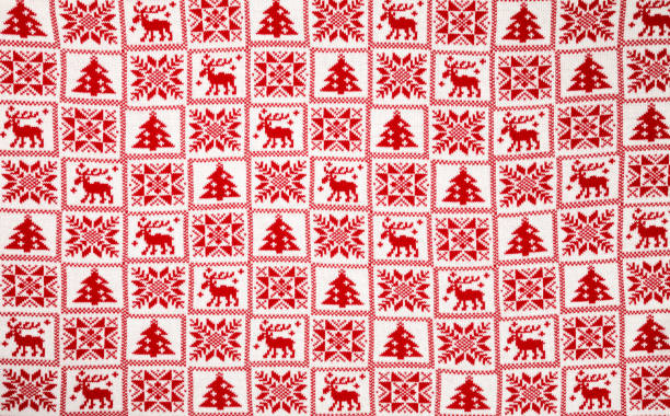 빨간색 전통적인 크리스티마 기하학적 장식흰색 니트 직물 - christmas textile blanket decoration 뉴스 사진 이미지
