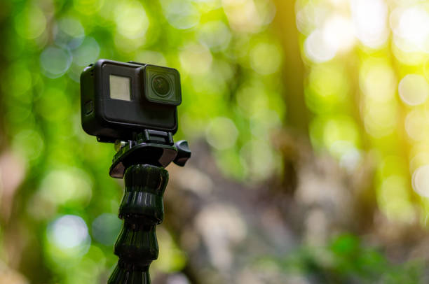 istock Action camera on a flexible tripod on a green forest background 1194870851