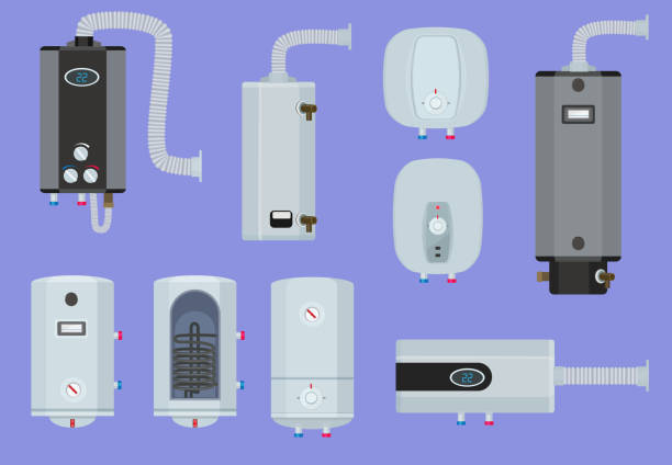 systemy grzewcze. kotłownia wodna stacja benzynowa zestaw wektorów ciepłej technologii - boiler stock illustrations