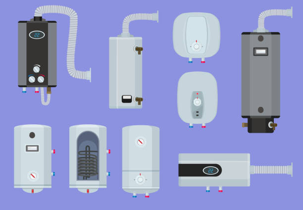 ilustrações de stock, clip art, desenhos animados e ícones de heater systems. water boiler house gas station warm technology vector set - boiling water