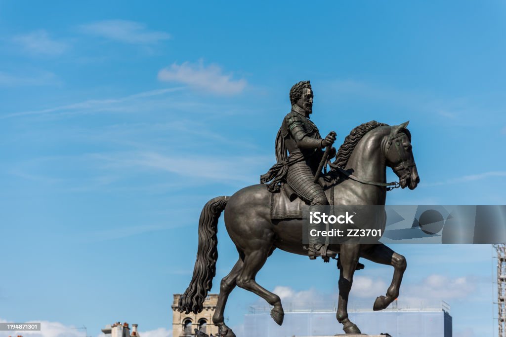 Equestrian statue King Henri IV in Paris, epithet Good King Henry, was King of Navarre (as Henry III) from 1572 and King of France from 1589 to 1610 Emperor Stock Photo