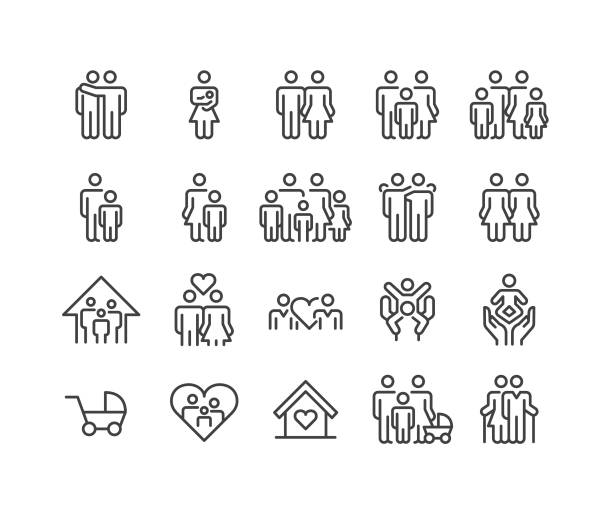 ikony relacji rodzinnych - seria classic line - cztery osoby stock illustrations