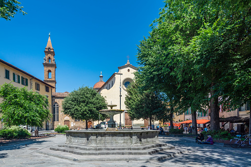 Florence, Italy - June 5, 2019 : The Basilica di Santo Spirito (Basilica of the Holy Spirit) is a church facing the square with the same name. The interior of the building is one of the preeminent examples of Renaissance architecture.