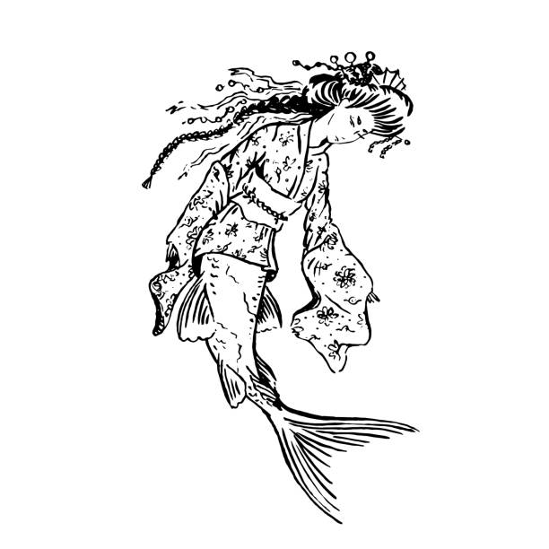 Vector mermaid Koi carp in Heian era vintage retro traditional Japanese dress Vector mermaid Koi carp in Heian era vintage retro traditional Japanese dress, Japanese antique fashion, black ink sketch illustration isolated on white, coloring page heian period stock illustrations