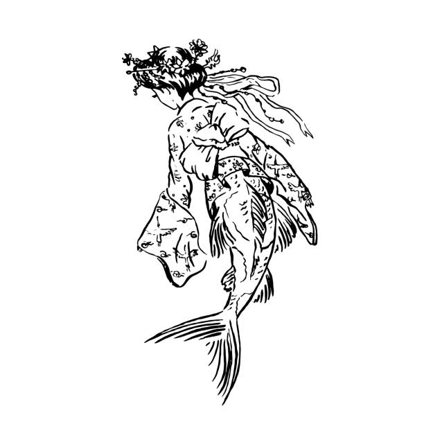 Vector mermaid Koi carp in Heian era vintage retro traditional Japanese dress Vector mermaid Koi carp in Heian era vintage retro traditional Japanese dress, Japanese antique fashion, black ink sketch illustration isolated on white, coloring page heian period stock illustrations