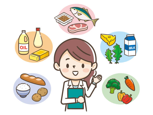 Young nutritionist woman and ingredients vector art illustration