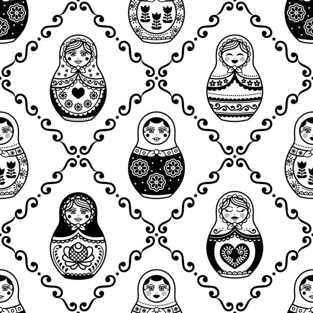 ilustrações, clipart, desenhos animados e ícones de russo nesting boneca vetor padrão sem costura, design repetitivo inpisred por bonecas matryoshka da rússia - russia russian nesting doll babushka souvenir