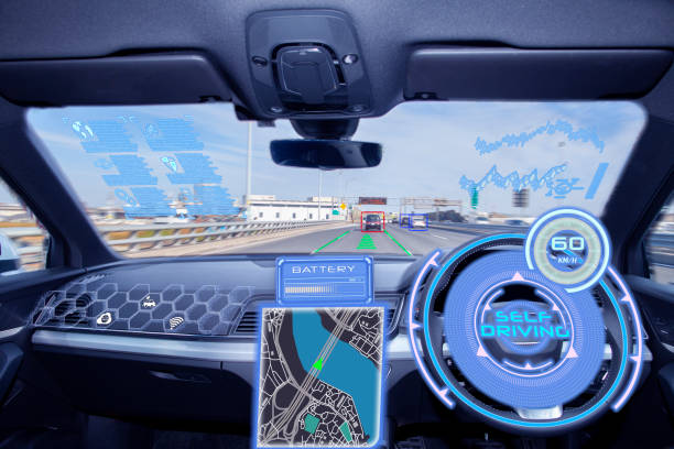 istock Self driving car with head up display on a road. 1194876150