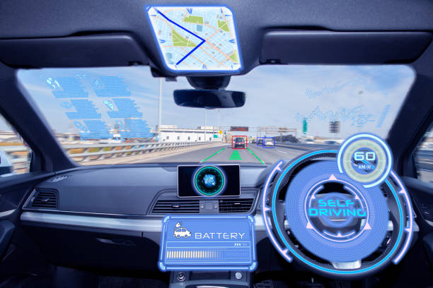 istock Self driving car with head up display on a road. 1194876164