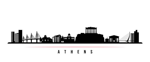 stockillustraties, clipart, cartoons en iconen met athene skyline horizontale banner. zwart-wit silhouet van athene, griekenland. vector sjabloon voor uw ontwerp. - athens