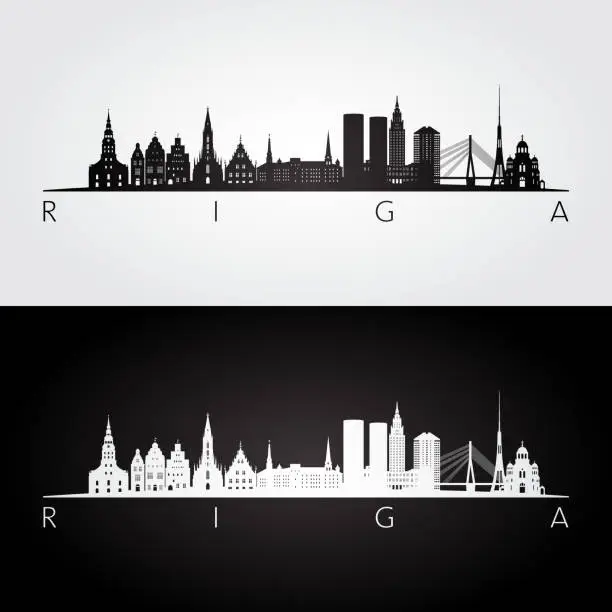 Vector illustration of Riga skyline and landmarks silhouette, black and white design, vector illustration.