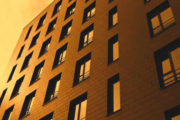 facade of brick building on sunset