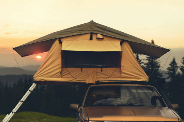 istock car with camping tent on roof 1194877642