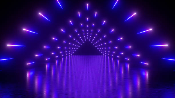 3d-render, abstrakter neonhintergrund, performance-bühne, leuchtend violettblaue lichter, dreieckiger tunnel, korridor, bodenreflexion - violet stock-fotos und bilder