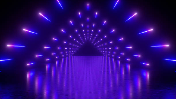 render 3d, abstrakcyjne neonowe tło, scena performance, świecące fioletowe niebieskie światła, trójkątny tunel, korytarz, odbicie podłogi - laser nightclub performance illuminated zdjęcia i obrazy z banku zdjęć