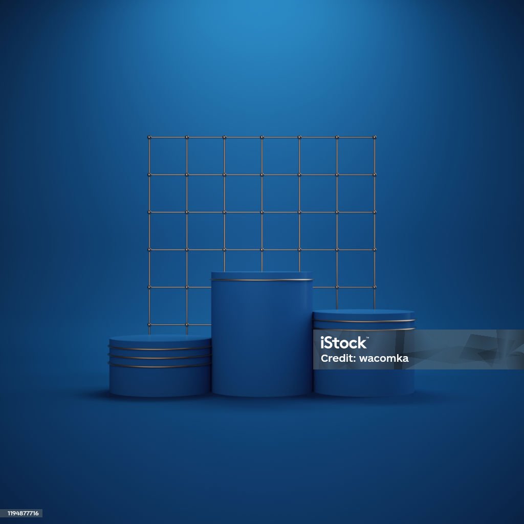 3d render. Minimal abstract background. Empty cylinder podium steps, vacant sports pedestal, blank mockup, stage, interior, showcase. Modern concept, copy space. Classic blue color of the year 2020 Navy Blue Stock Photo