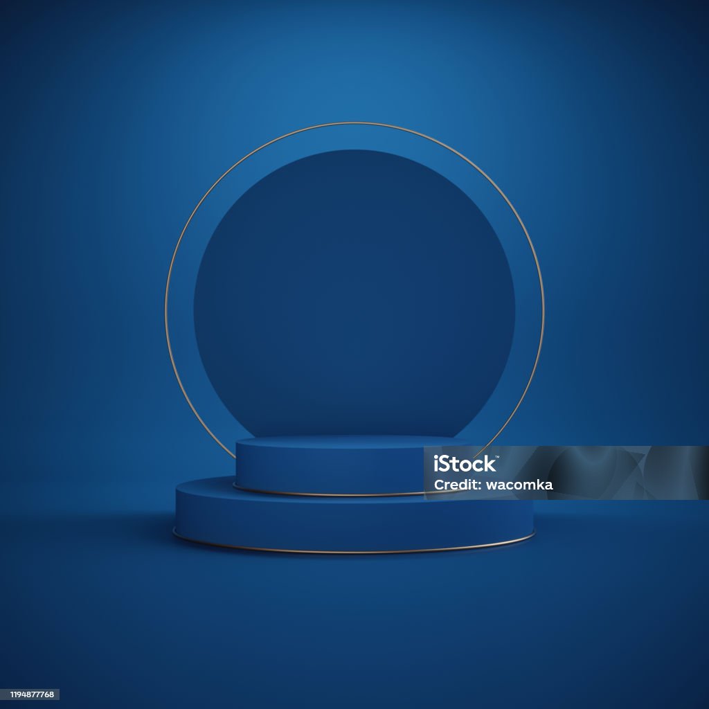 3d render. Minimal abstract background. Empty podium, vacant pedestal, modern stage, showcase. Round gold frame, cylinder steps, modern concept, blank space. Classic blue color of the year 2020 Three Dimensional Stock Photo