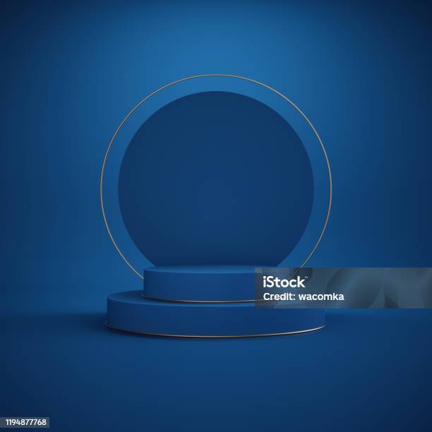 3d Render Minimal Abstract Background Empty Podium Vacant Pedestal Modern Stage Showcase Round Gold Frame Cylinder Steps Modern Concept Blank Space Classic Blue Color Of The Year 2020 Stock Photo - Download Image Now