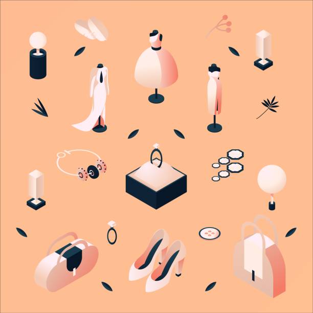 ilustrações de stock, clip art, desenhos animados e ícones de concept fashion isometric illustration drawn with peach and blue colors. mannequins, bags, shoes, jewelry and leaves made with beautiful pastel gradients. - earring multi colored shoe jewelry