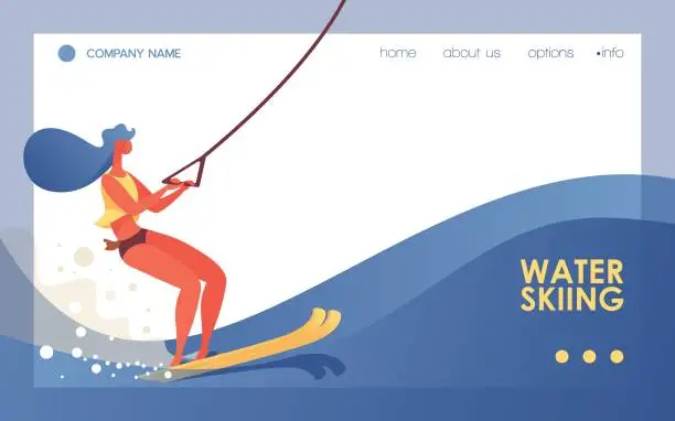 Vector illustration of Vector concept sport banner or landing page template good for extreme sport web page or header of water skiing tour. Illustration drawn with young healthy woman riding skies on blue water