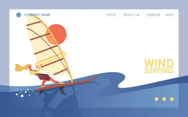 Vector illustration of Vector concept banner with blond woman riding windsurfing board. Blue sea or ocean waves, young active character sailing on landing page concept template