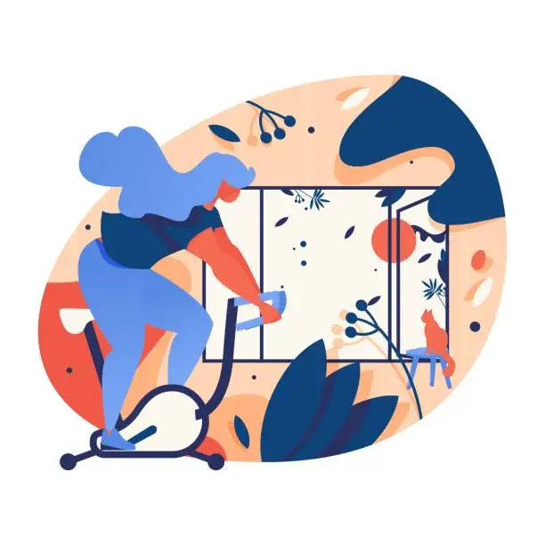 Vector illustration of Vector concept illustration with woman riding exercise bicycle at home. Interior scene dran with bright orange and blue, good for garage gym and individual training.