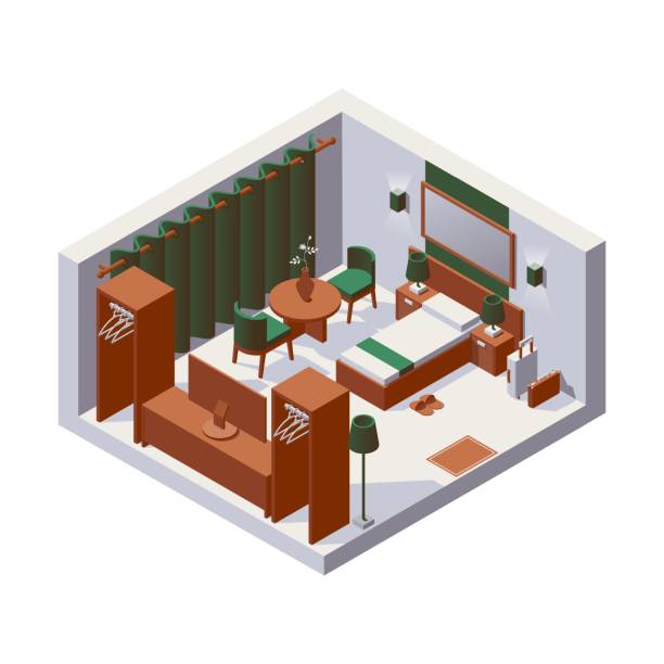 izometryczny pokój w hotelu dla jednej osoby, ozdobiony zieloną tkaniną i drewnianymi meblami. scena 3d ze stylową sypialnią. - bed and breakfast bed green indoors stock illustrations
