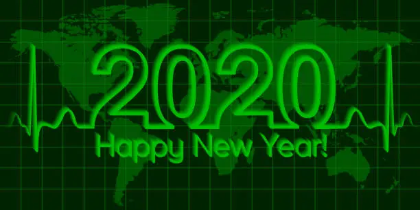 Vector illustration of Christmas world map banner 2020 happy new year, vector 2020 the crisis, the wave matrix of cardiology, the concept of success and prosperity