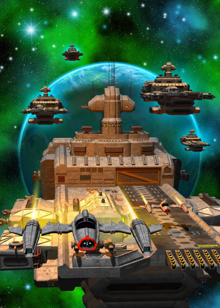 istock Spaceships Flying around an alien Planet, 3d illustration 1194881527