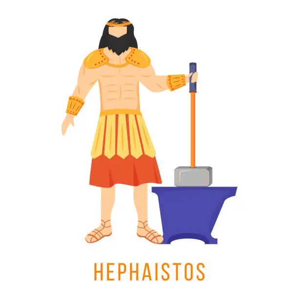 Vector illustration of Hephaistos flat vector illustration. Hephaestus. God of fire and metalworking. Ancient Greek deity. Mythology. Divine mythological figure. Isolated cartoon character on white background