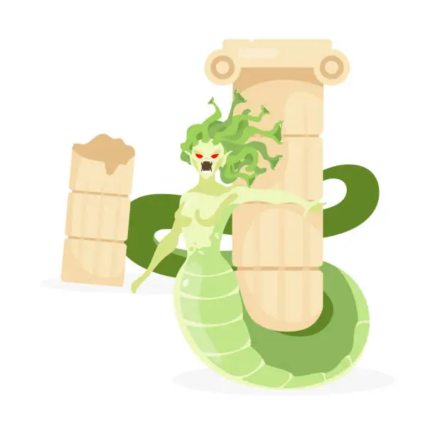 Vector illustration of Medusa Gorgon flat vector illustration. Mythological creature. Half-woman, half-serpent monster attack. Greek mythology. Fantastical beast near column isolated cartoon character on white background