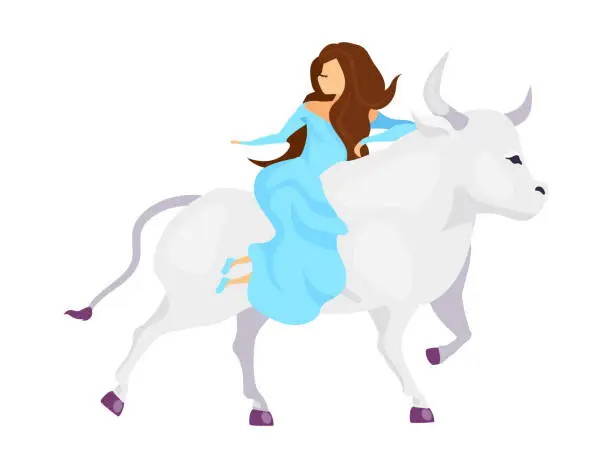 Vector illustration of Abduction of Europa flat vector illustration. Fantastical beast kidnap princess. Woman in dress ride creature. Greek mythology. Girl on bull isolated cartoon character on white background