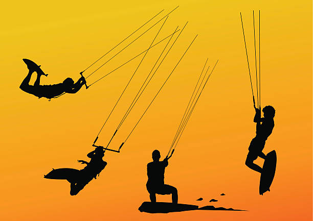 illustrations, cliparts, dessins animés et icônes de kitesurfers - silhouette water men jumping