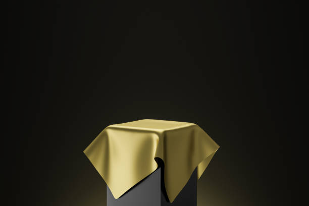 Gold pedestal or podium display with golden satin fabric platform concept on dark background. Blank shelf stand for showing product. 3D rendering. Gold pedestal or podium display with golden satin fabric platform concept on dark background. Blank shelf stand for showing product. 3D rendering. gold podium stock pictures, royalty-free photos & images