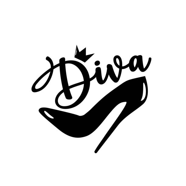 Diva- calligraphy and high-heel shoe with crown. Diva- calligraphy and high-heel shoe with crown. Good for greeting card , banner, T-shirt print, flyer, poster design, home decor. diva human role stock illustrations